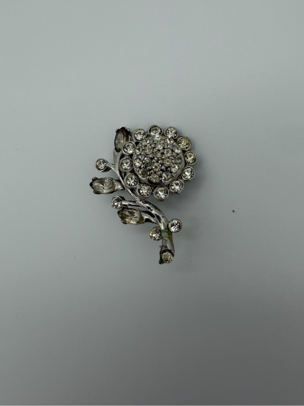 Vintage Crystal Floral Brooch - Silver Tone Rhinestone Pin